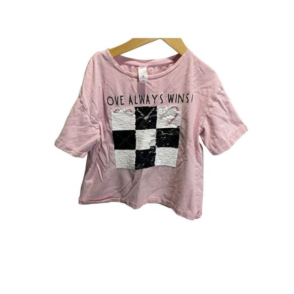 Justice Pink Sequin "Love Always Wins" Short Sleeved Tee 12 Cropped - Picture 1 of 4